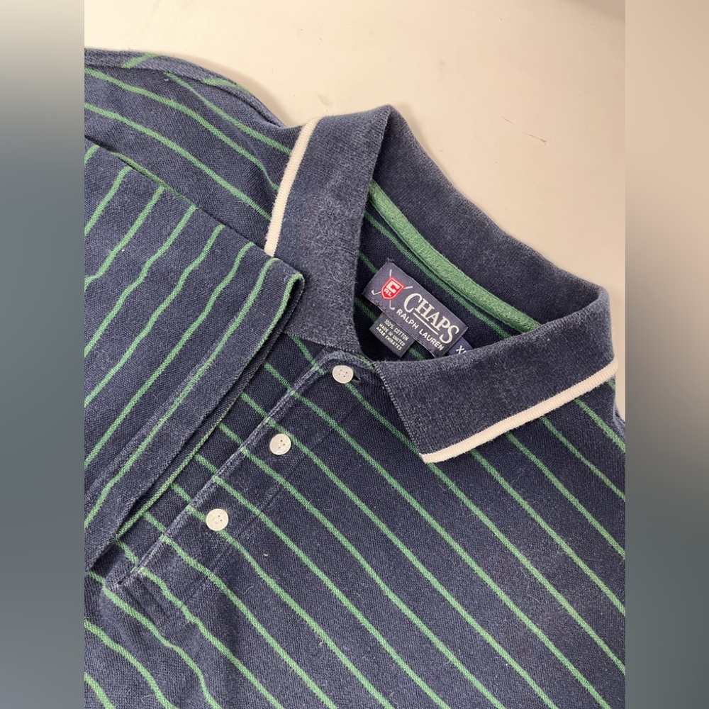 Chaps Ralph Lauren Polo Shirt XL Black W/ Green Horizontal Striped Vintage GHQ9.